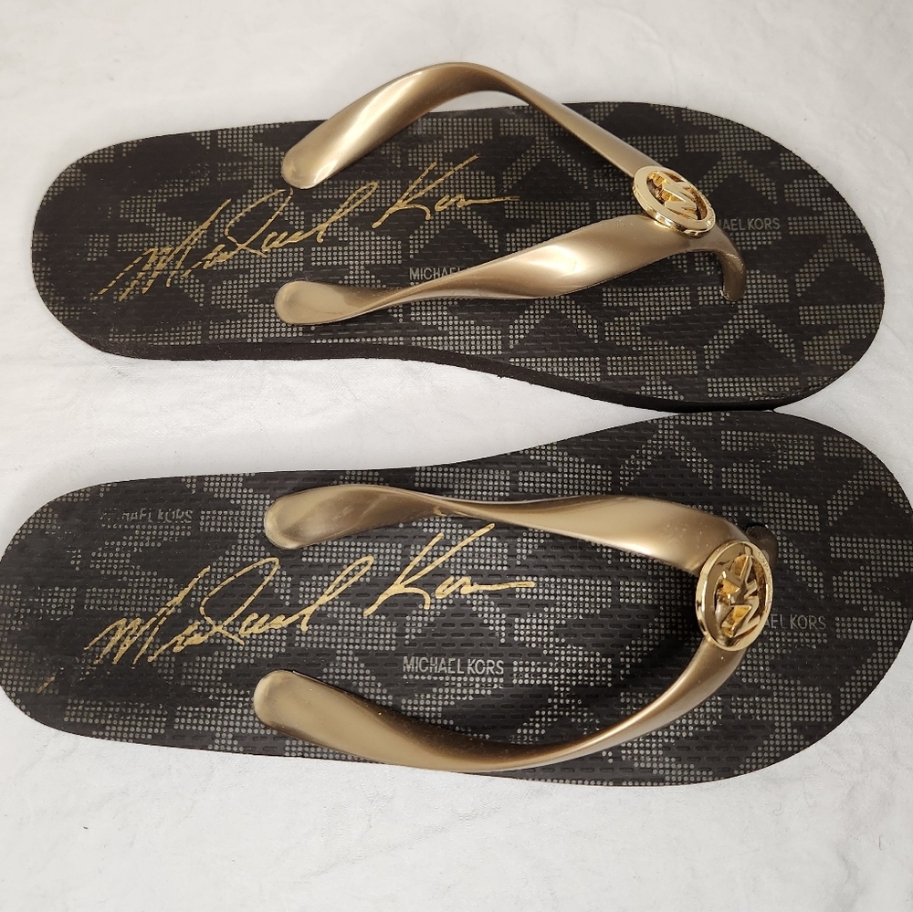 Michael Kors Black and Gold Logo Flip Flop Sandals
